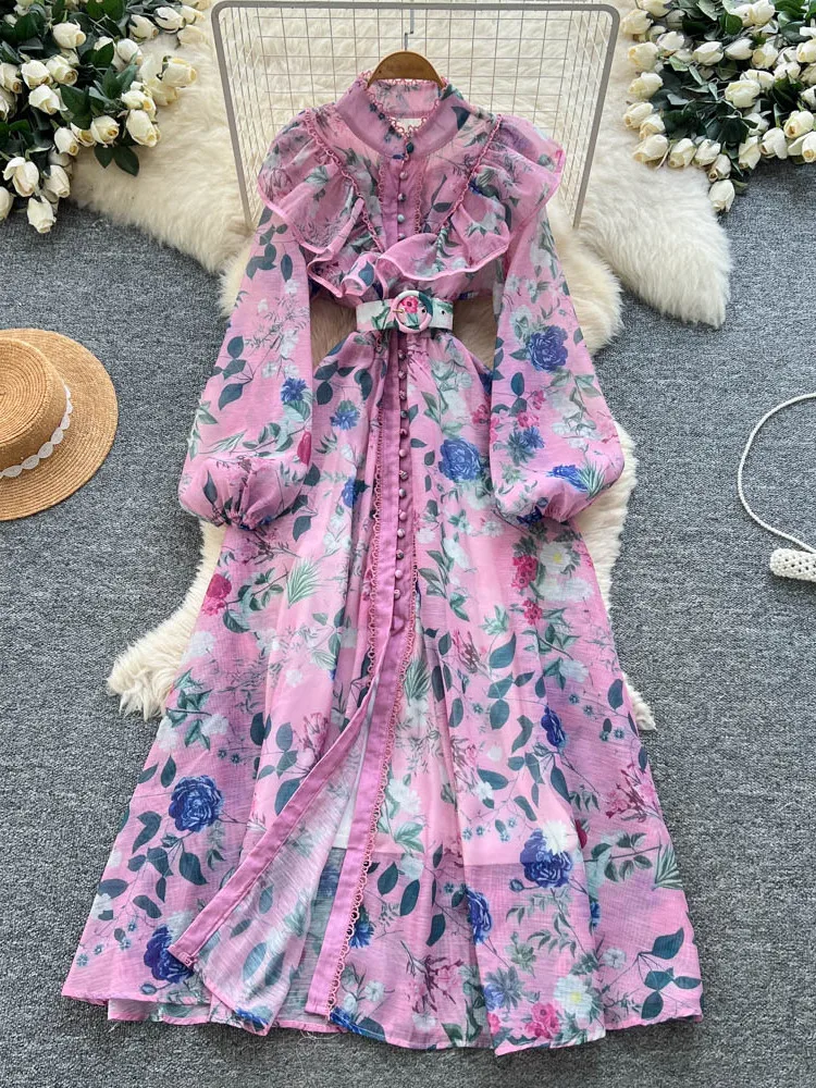 Ele Aosphere feminino Dr luxo com cinto cintura estampada saia longa cintura alta fibra de poliéster verão Ci commute linha A