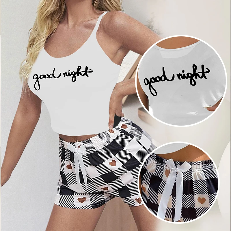 Two Piece Women\'s Summer Home Set with Round Neck Suspender Letter Vest Bow Plaid Shorts Pajama Set