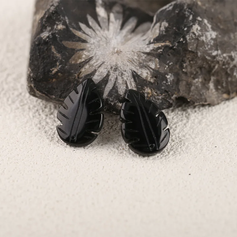 Handmade Jewelry Obsidian Stone  Carved Leaf Earring Bead,Natural Stone Earrings Accessories For Women 22x14x2mm 3.9g
