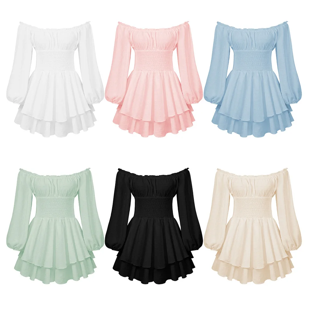 Tuta da donna con colletto a pieghe lungo Sve, casual, con volant, comodi pantaloni larghi, per la primavera autunno inverno