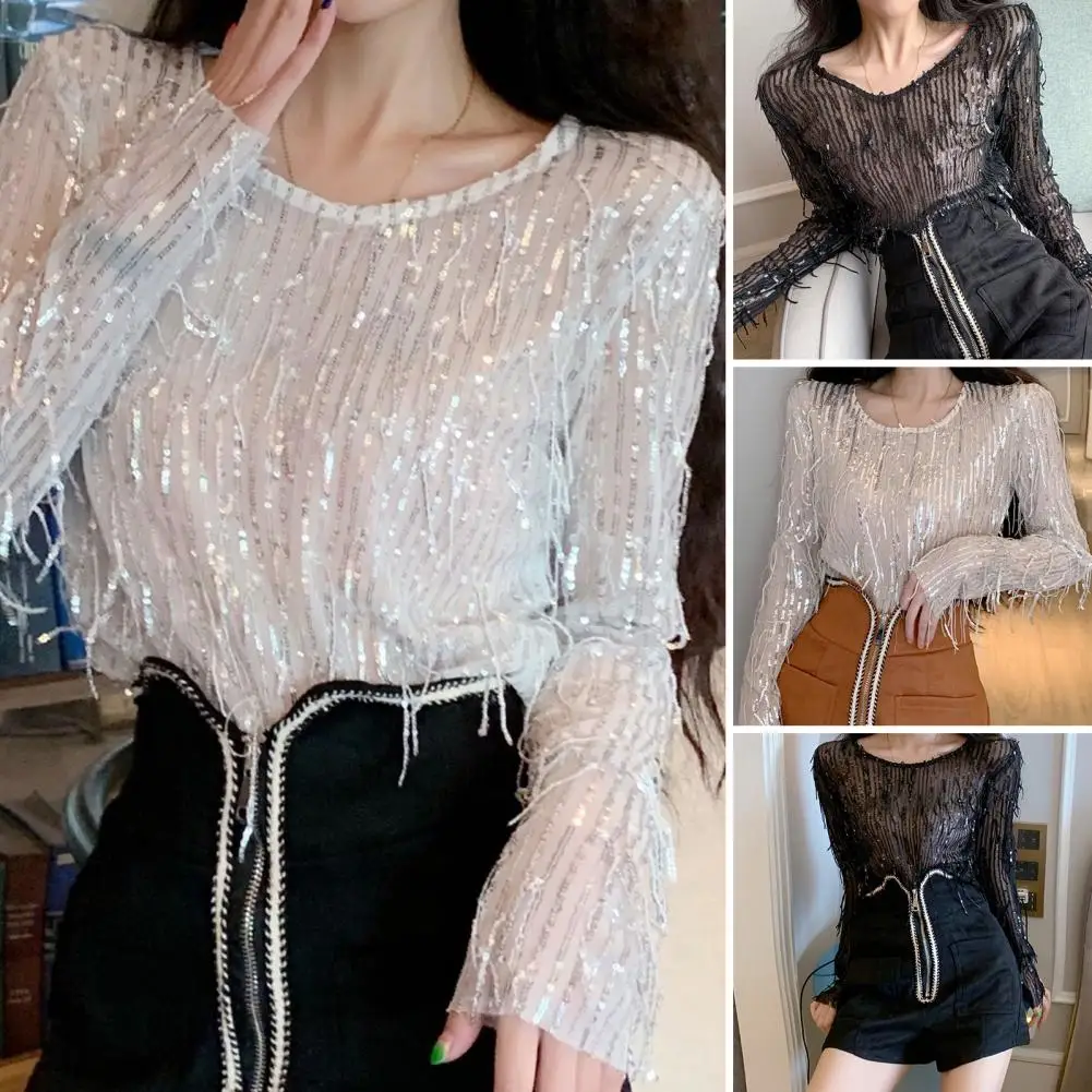 Casual T-shirt with Shiny Tassels Glitter Tassel Sequin Tops Stylish Women's Long-sleeved Casual T-shirts with A Loose Fit Solid