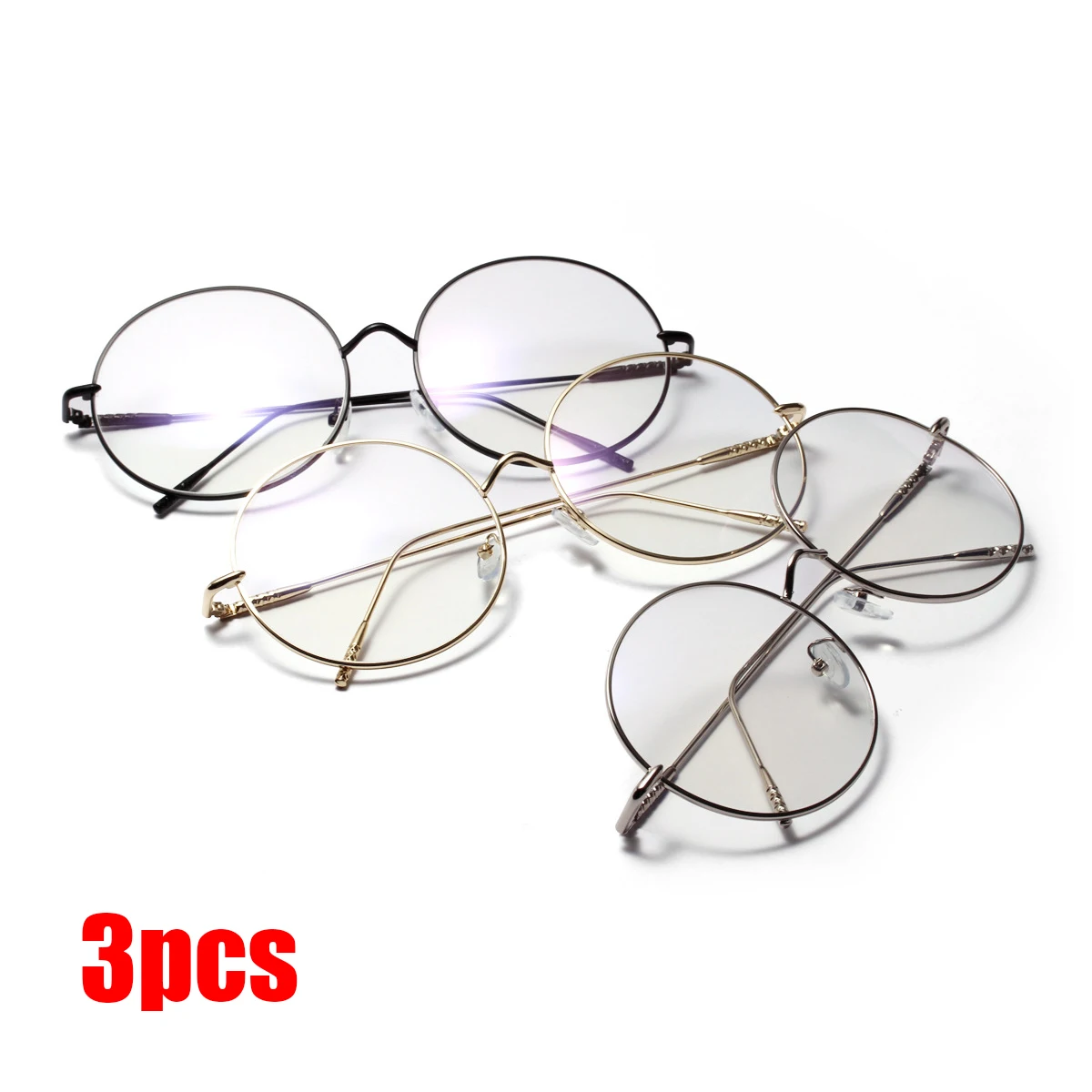 3PCS Large frame flat mirror Metal Circular Flat Mirror, Female Korean Version, Large Face, Flesh Covering, Thin Frame Glasses