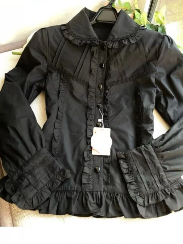 

Женская дизайнерская тонкая однотонная футболка в стиле Лолита с длинным рукавом и воротником «кукла» для весны, модная и красивая одежда