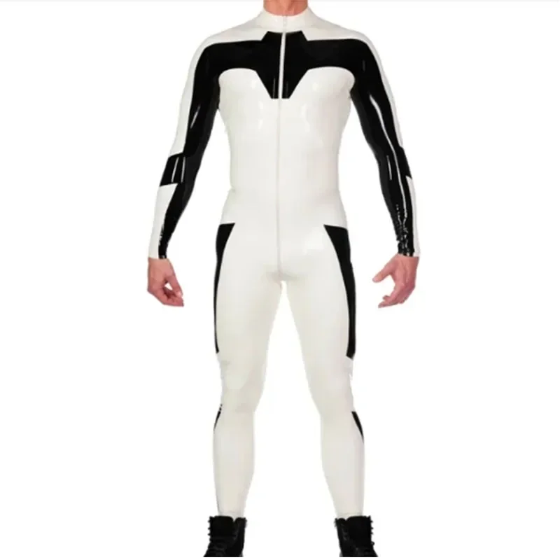

Male Latex Catsuit Handmade Black with White Front Zip Rubber Jumpsuit Bodysuit for Men Customize