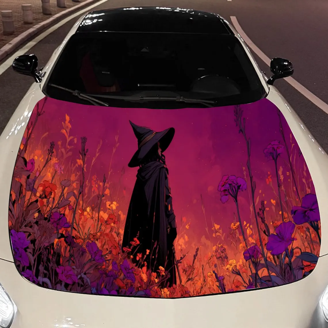 

Виниловая наклейка на капот автомобиля «Темная ведьма в цветочном поле», модная наклейка из ПВХ на автомобильную крышку, водонепроницаемая самоклеящаяся наклейка на автомобиль
