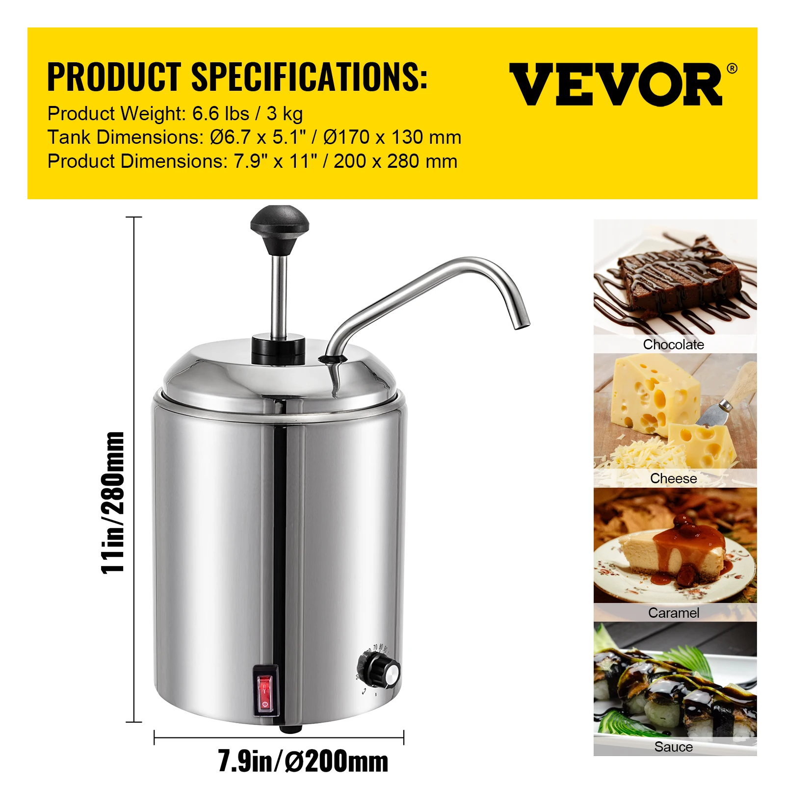 VEVOR 2.3L หม้อไฟฟ้า Cheese Dispenser อุณหภูมิปรับ Hot Fudge อาหารอุ่นปั๊มสแตนเลสเครื่องใช้ในบ้าน
