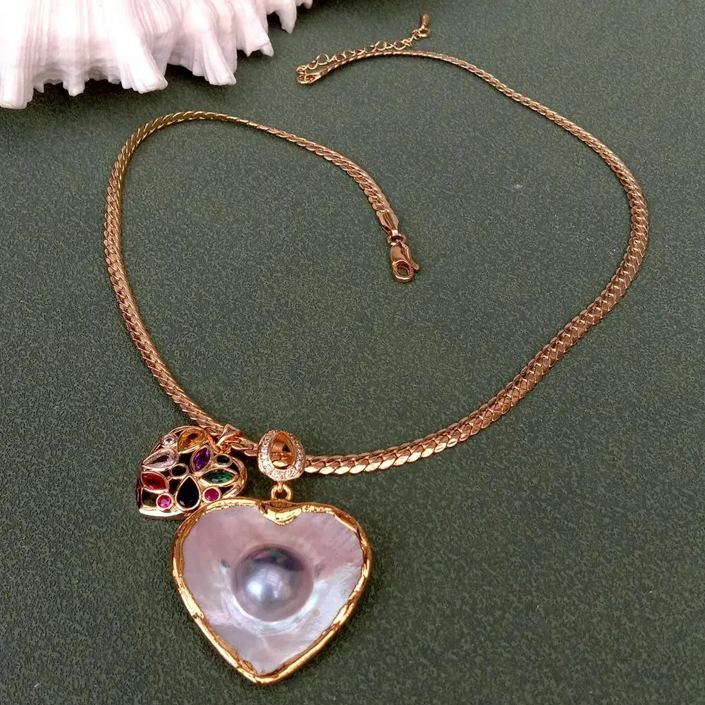 YYGEM 34mm Natural Gray Mabe Pearl Heart Shape Pendant Cz Charm Gold Plated Chain Necklace 4