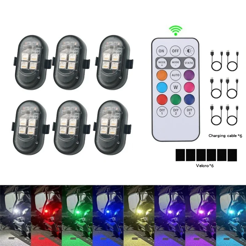 

4/6 шт. RGB светодиодные автомобильные стробоскопы, беспроводной светильник для мотоцикла, самолета, вертолета, сигнальные огни, светодиодная вспышка с зарядкой через USB