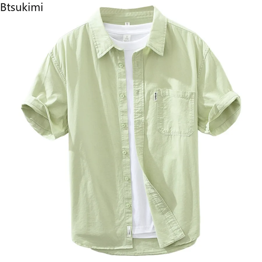 

2024 New 100% Cotton Shirt Men's Fashion Loose Casual Shirt Coats Summer Trend Short Sleeve Solid Versatile Blouse Cardigan Male