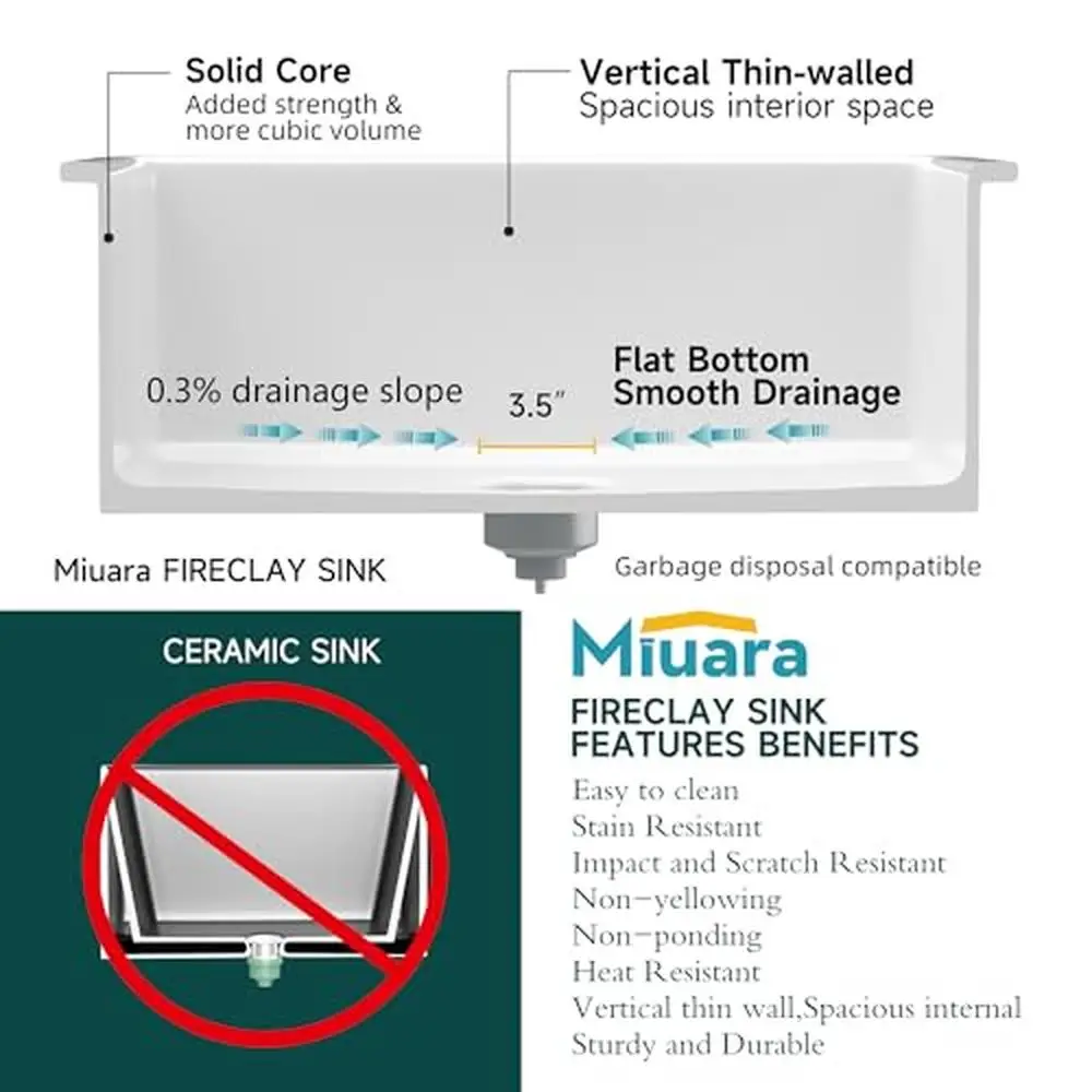 Pia de estação de trabalho Fireclay 33 Polegada Undermount Topmount Pia de cozinha Design de montagem dupla Elegante acabamento branco Grande tigela única