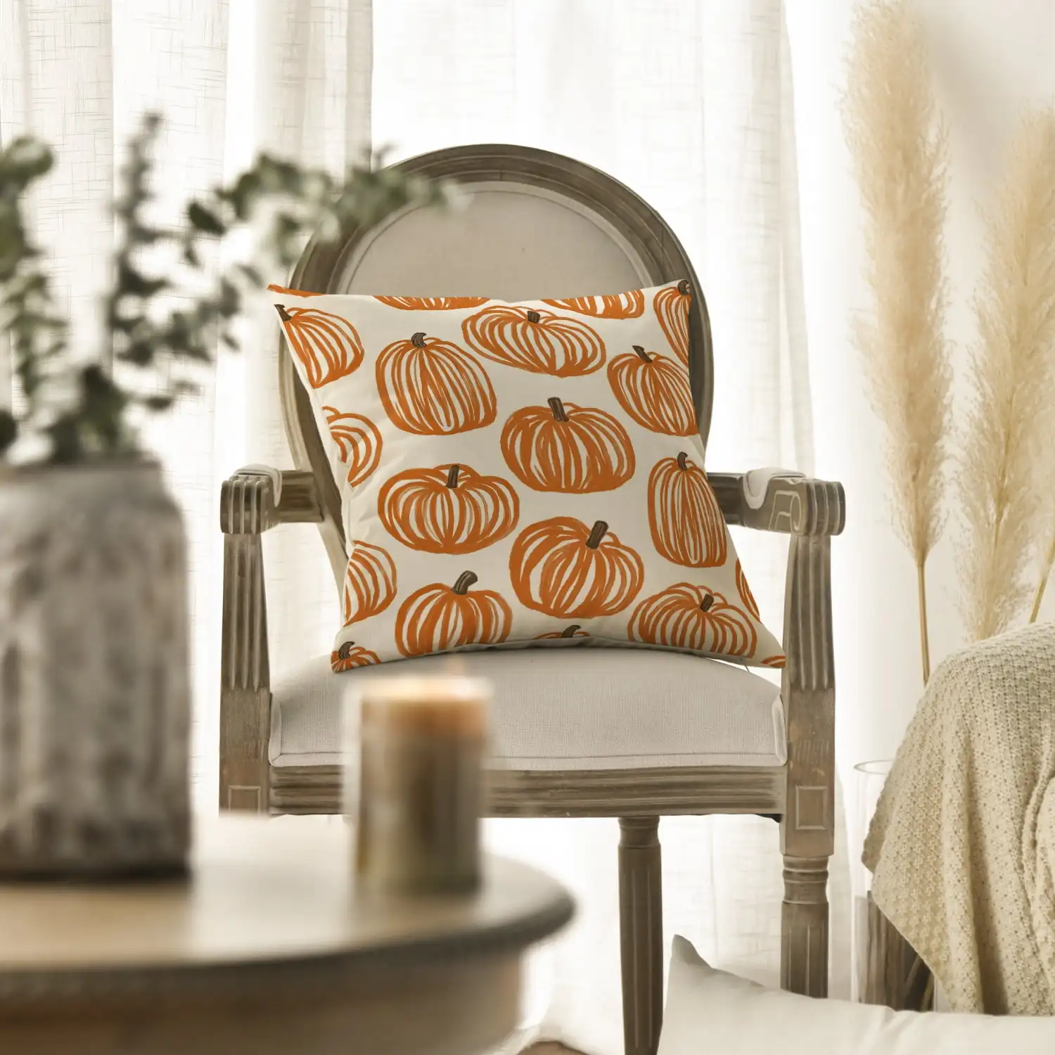 Pencil Drawing Pumpkin Beige Fall Throw Pillow Cover 18x18 Inch Set of 2, Autumn Decorative Outdoor Cushion