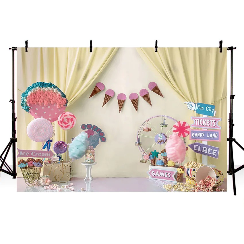 Mehofond Candy land Photography Backdrop Newborn Birthday Portrait Ice Cream Background Lollipop Tickets Decoration Photo Studio