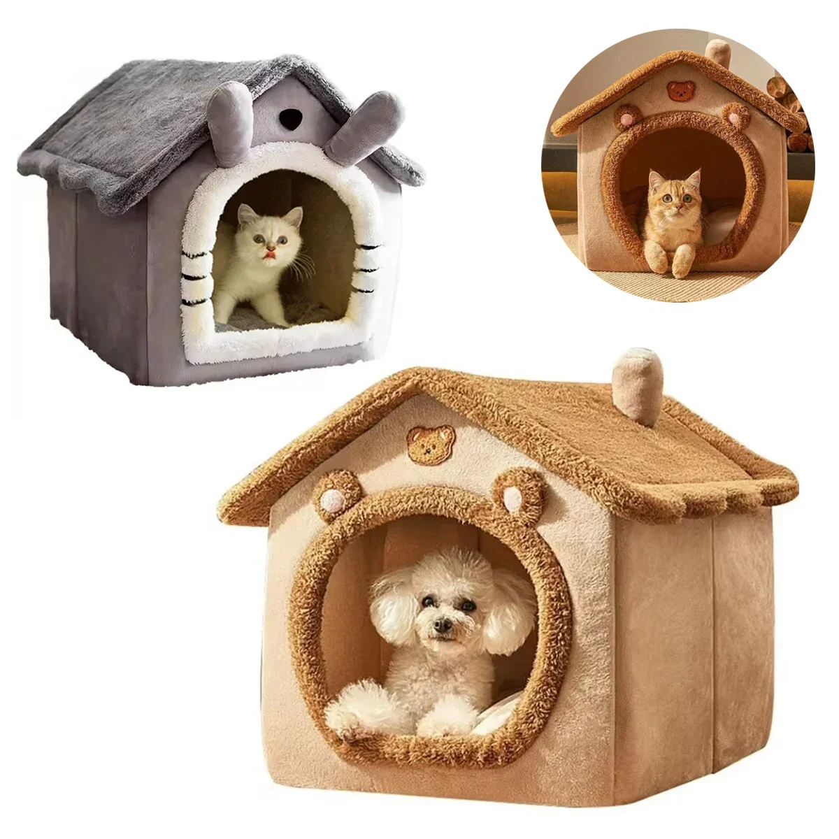 

Warm Foldable Cat Bed Pet House Soft Puppy Bed Tent Removable Washable Cats Nest for Small Animal Kennel Indoor Cat Accessories