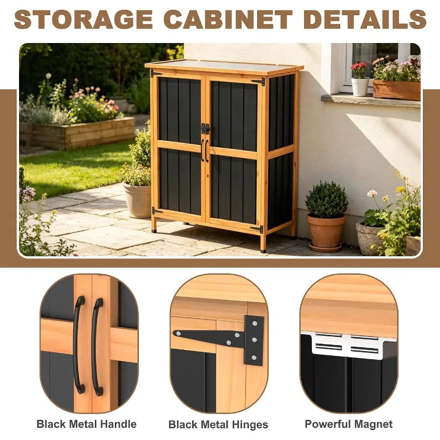 Outdoor storage cabinet for patio use, iron construction, gray finish, weatherproof 2-tier small storage shed with durable meta