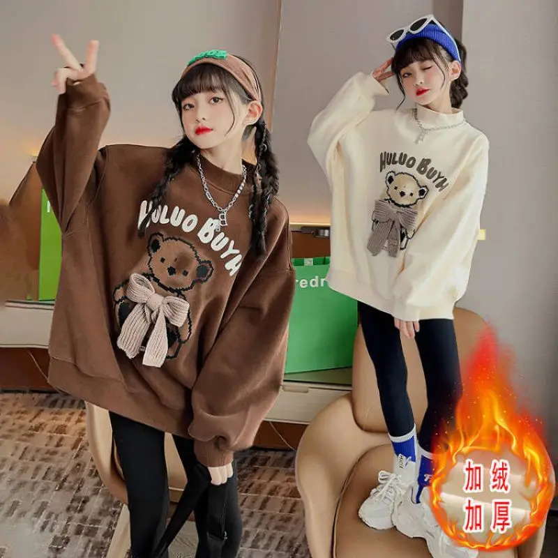 New Cotton Kids Girls Warm Plush Hoodie Winter Autumn Fashion 5-14 Childrens Long Sleeve Cartoon Tops Sweater Clothes