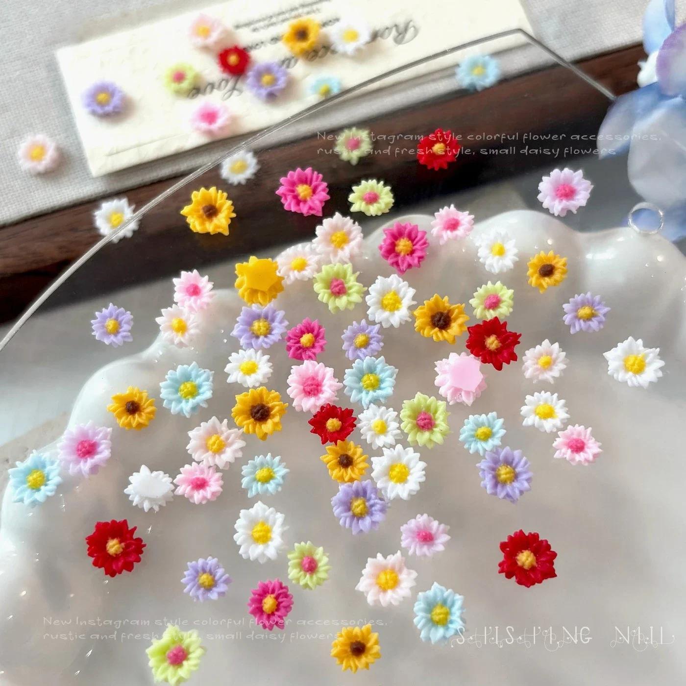 50Pcs Double Layer Daisy Nail Charms, DIY Resin Nail Rhinestones, Mixed Size Colorful Flower Decor for Nail & Hair Clips