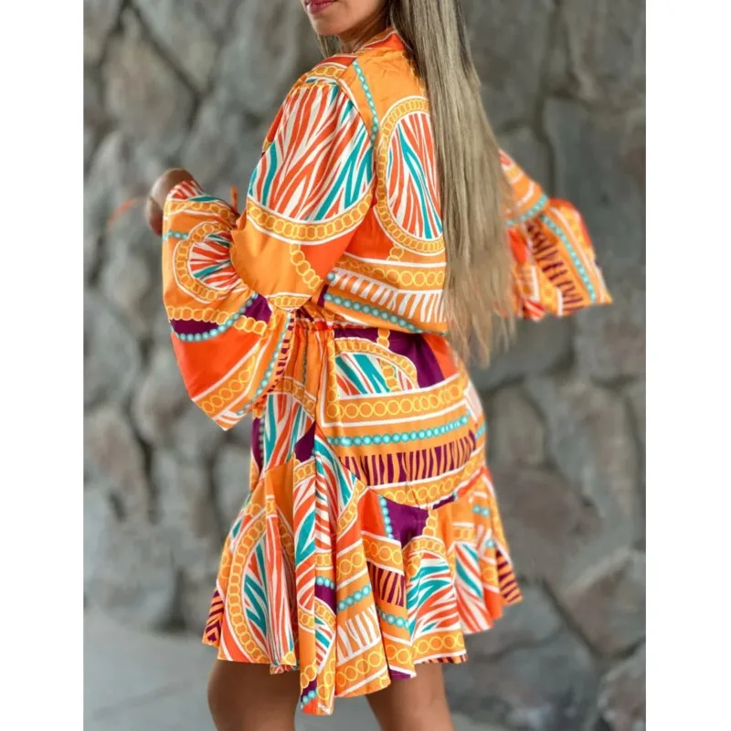 2024  Summer New Fashion Women's Mini Dress V-Neck Flare Sleeves Boho Print Skirt Spliced Sexy Holiday Beach  Dress Streetwear