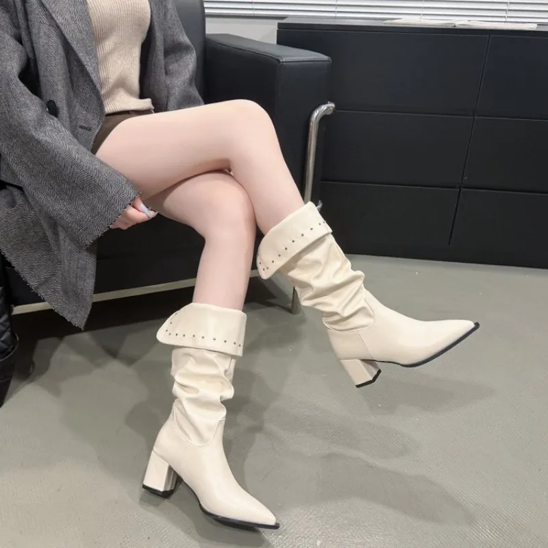 Western Women Slouchy Knee‑High Boots Rivet Turn‑over Cuff Pointed Toe Block Heel Pull‑on Ladies Cowboy Long Booties