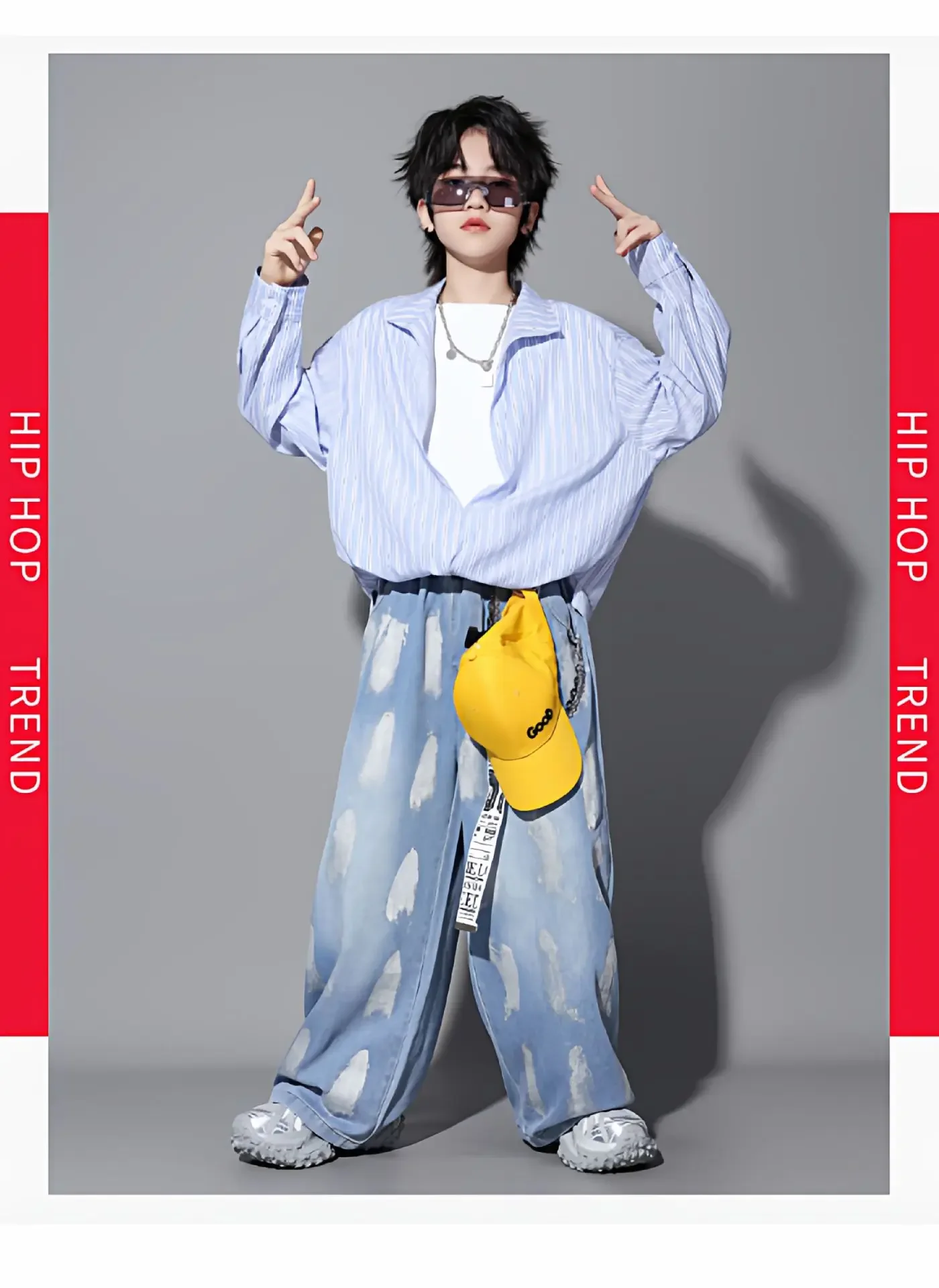 

Boys Fashion Clothing Long Sleeves Fake 2Pcs Striped Tops Loose Jeans Hip Hop Dance Performance Clothes Girls Jazz Costume