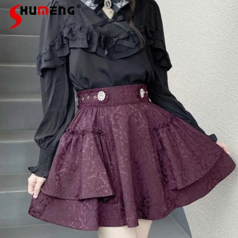 

New Japanese Rojita Skirt Mine Mass-Produced Jacquard Pleated Thigh-Length Cover Slim High Waist A-line Skirts Women's Clothing