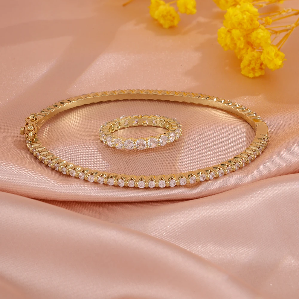 ZAKOL 2-teiliges Set Einfaches Exquisites Rundes Türkis-Zirkon-Armband und Ringe Hochwertige Kupfer-Armreifen Modisches Party-Schmuckset – Detail 9