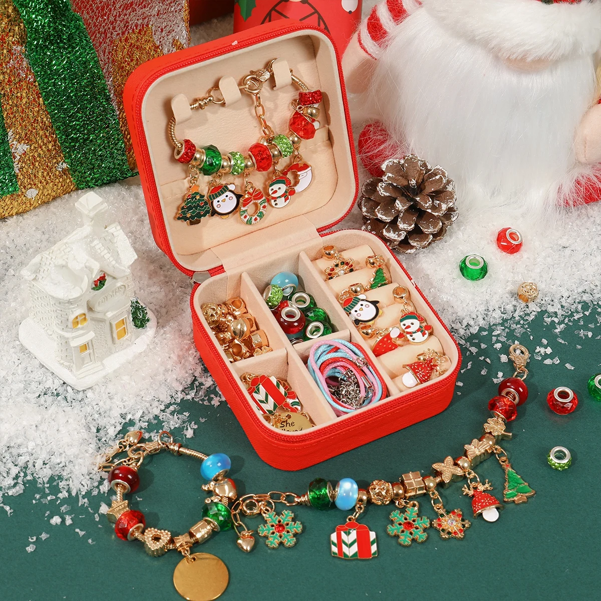 Christmas DIY Beaded Bracelet Set with Storage Box for Girls Gift European Large Hole Beads Handmade Jewelry Xmas Party Decor