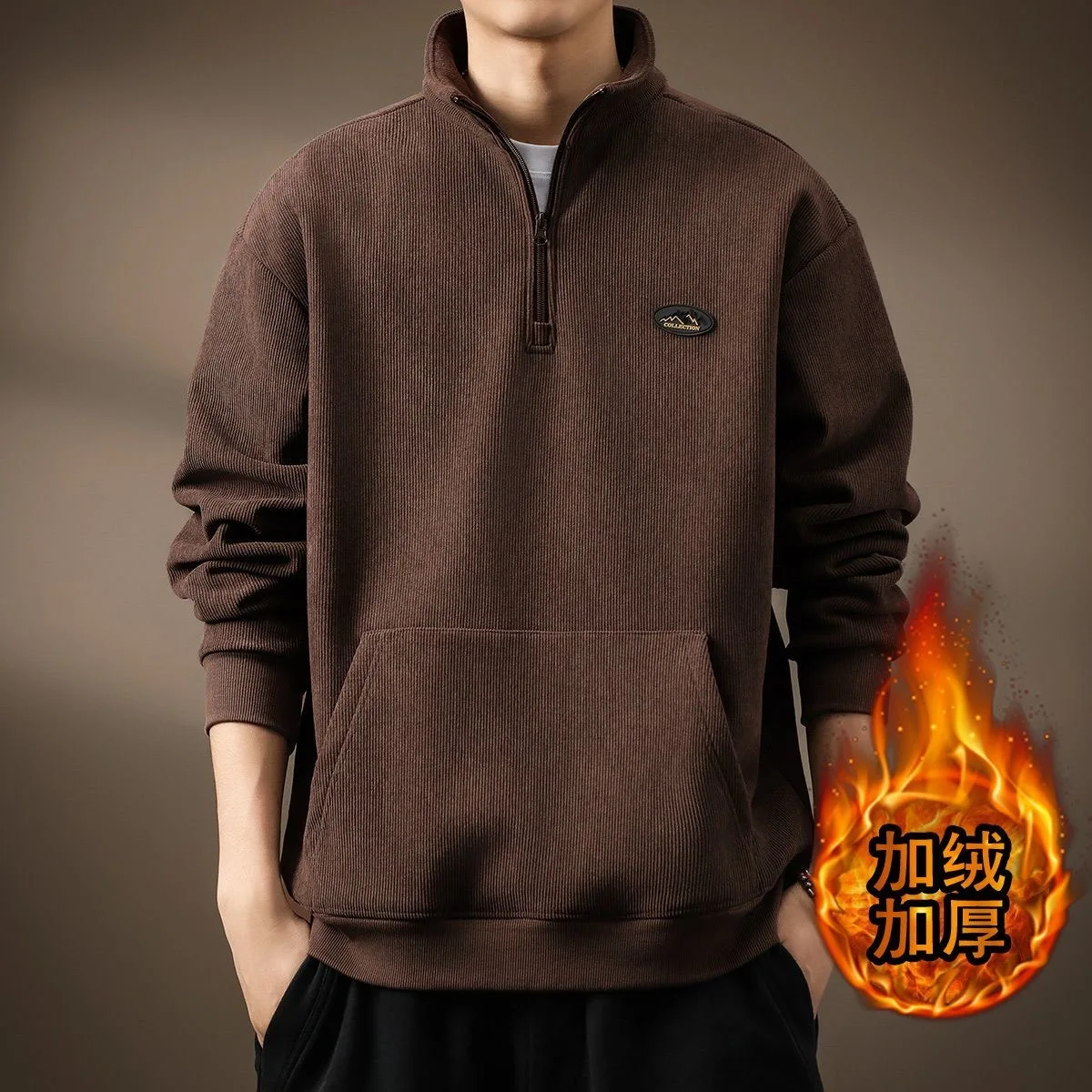 2025 Spring and Autumn New Fashion Trend Thickened Warm Corduroy Pullover Men's Casual Loose Comfortable Sports Plus-Size Top