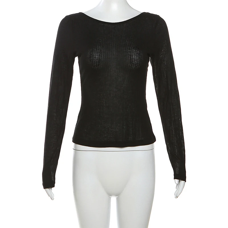 Damen-T-Shirt mit langen Ärmeln, tiefem Ausschnitt, offenem Rücken, schmaler Passform, mit Schnürung, elastischem Stoff, einfarbig, Herbstmode, kurzes Oberteil. – Detail 11