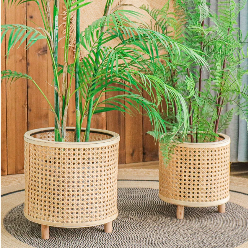 Nordic Plant Stand Handmade Rattan Weaving Flowers rack Living Room Floor Flower Stand Balcony Green Plants indoor gardening