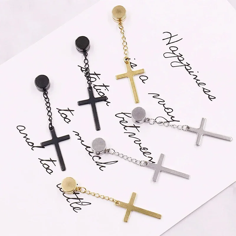 2pc Punk Mens Strong Magnet Magnetic Cross Ear Stud Set Non Piercing Earrings Fake Earrings Gift for Boyfriend Lover Jewelry