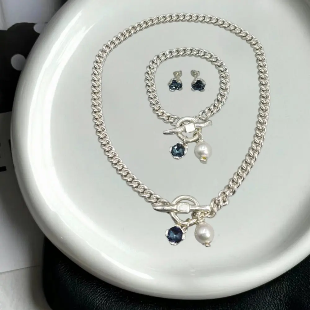 2026 Spring Dazzling OL Wind Blue Crystal Pearl Buckle Set Jewelry Three Piece Set Banquet Gift