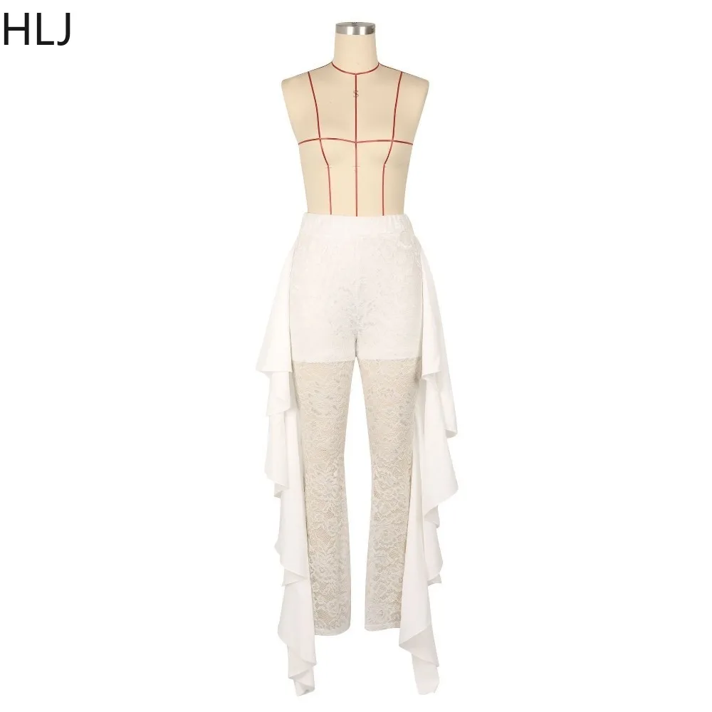 HLJ Fashion Lace Perspective Ruffle Design Bodycon Pants Women High Waisted Ruched Skinny trousers Summer New Matching Bottoms