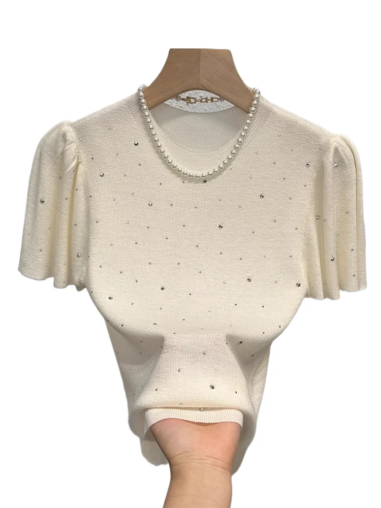 

French Style Hot Ice Silk Knitted T-shirt for Women's Summer Hot Girl Bubble Sleeve Top Solid Slimming Round Neck Tee