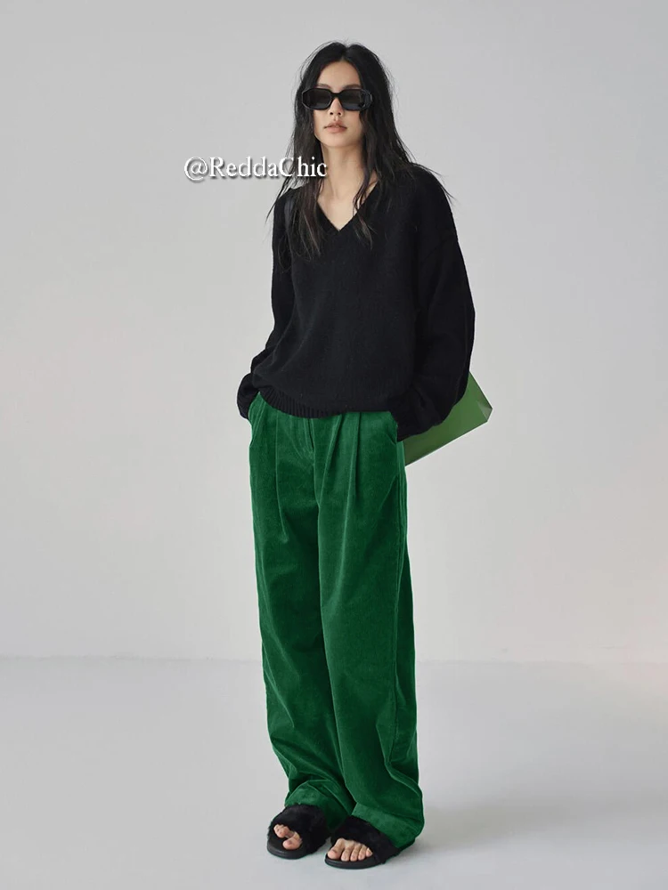 ReddaChic Fall Winter Corduroy Green Pants Women Striped Wide Leg Casual Slacks High Rise Trousers Holiday Party Vintage Clothes