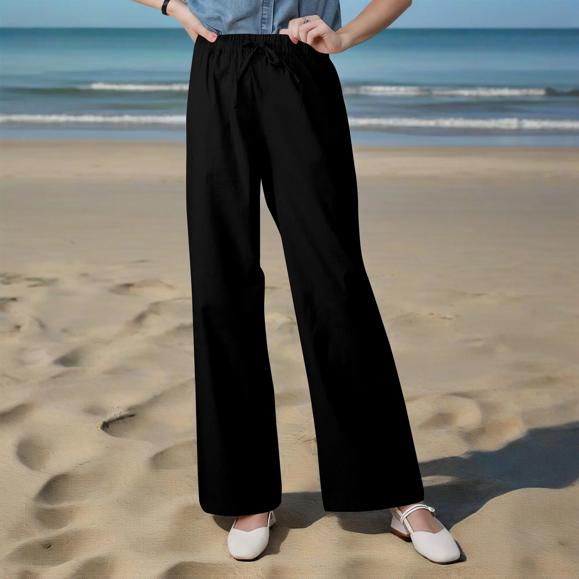 

Women's Linen Drawstring Pants Wide Leg Casual Palazzo Trouser with Pockets