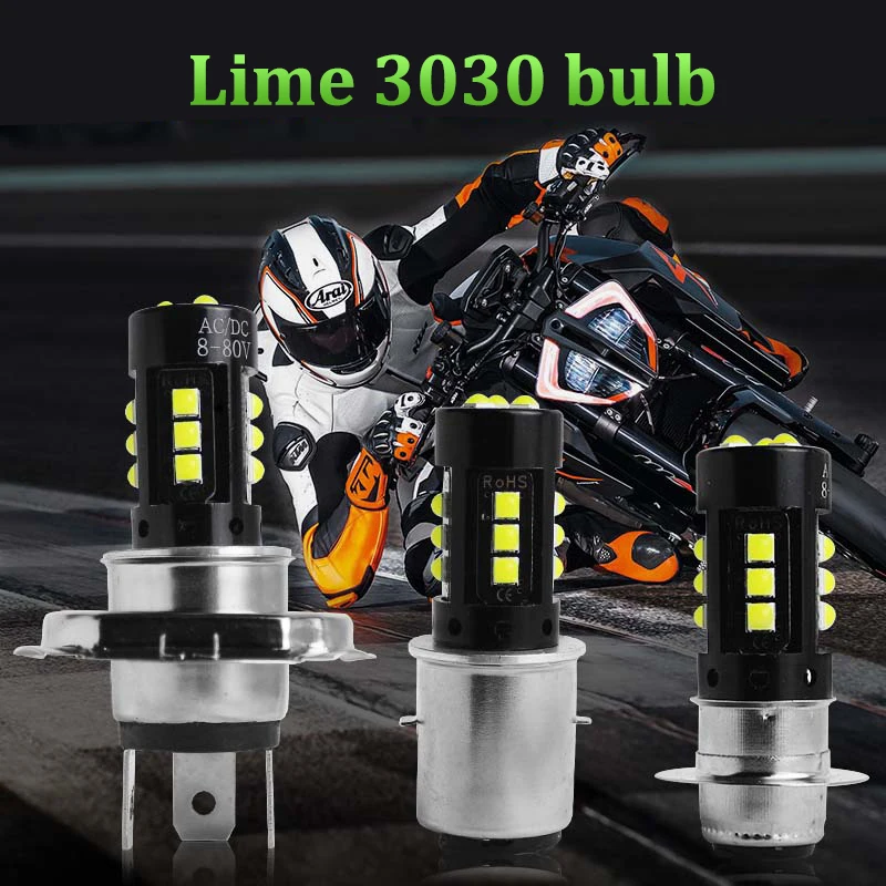 AC DC Universal Lemon Green Highlight Motorcycle Headlight Bulb H4 P15D BA20D 3030 15SMD Hi/Low Bulb Motor Lime Headlamp 1200LM