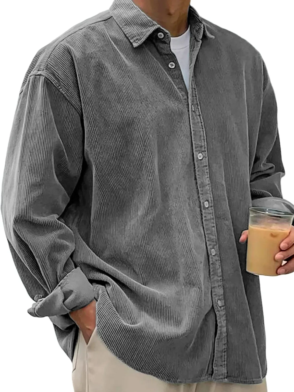 

2025 New Men's Corduroy Shirt Relaxed Fit Long Sleeve Button Up Point Collar Solid Color Casual Retro Style Fall Winter Jacket