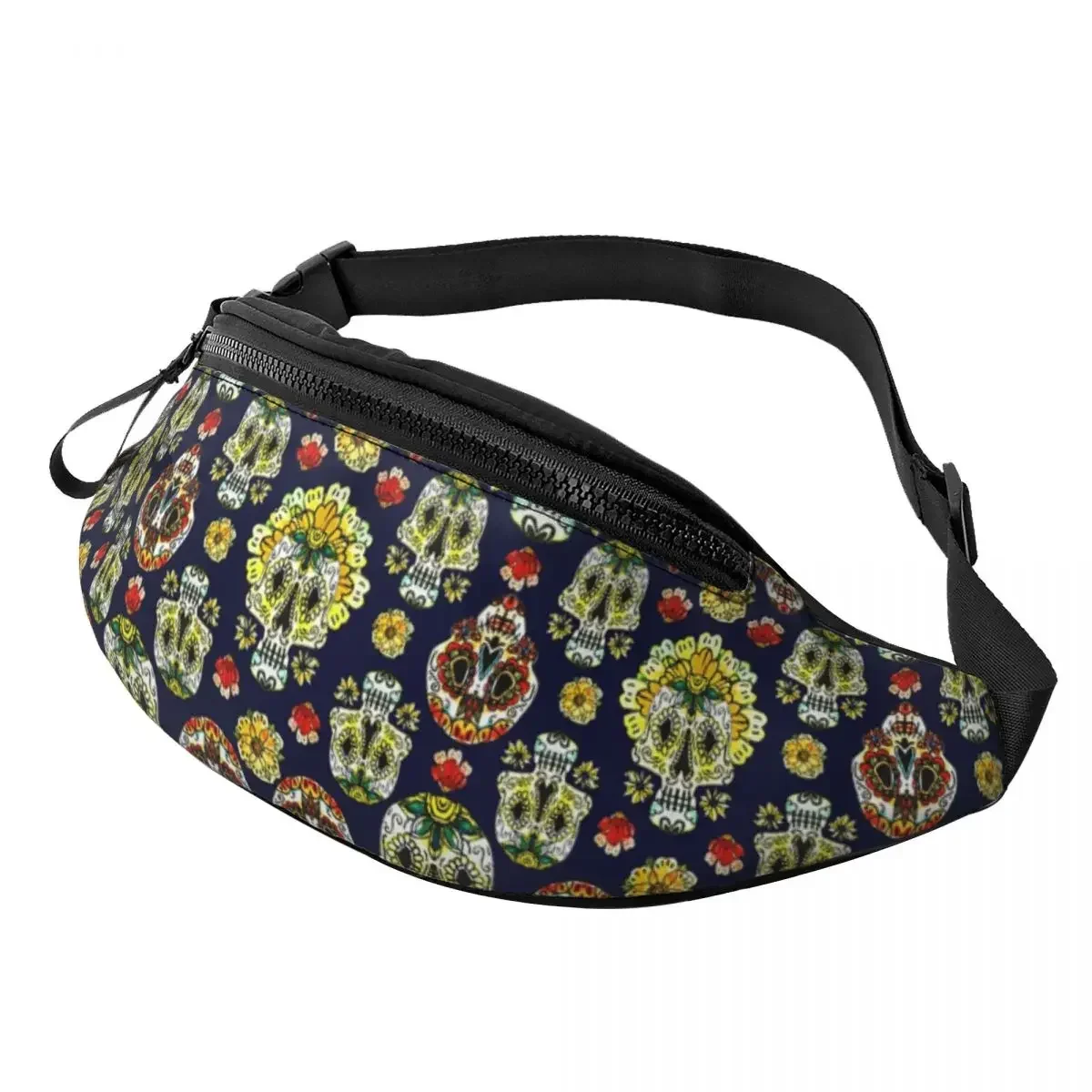 Sugar Skulls Collage Fanny Pack Men Women Custom Pretty Mexican Floral Crossbody Waist Bag for Traveling Phone Money Pouch