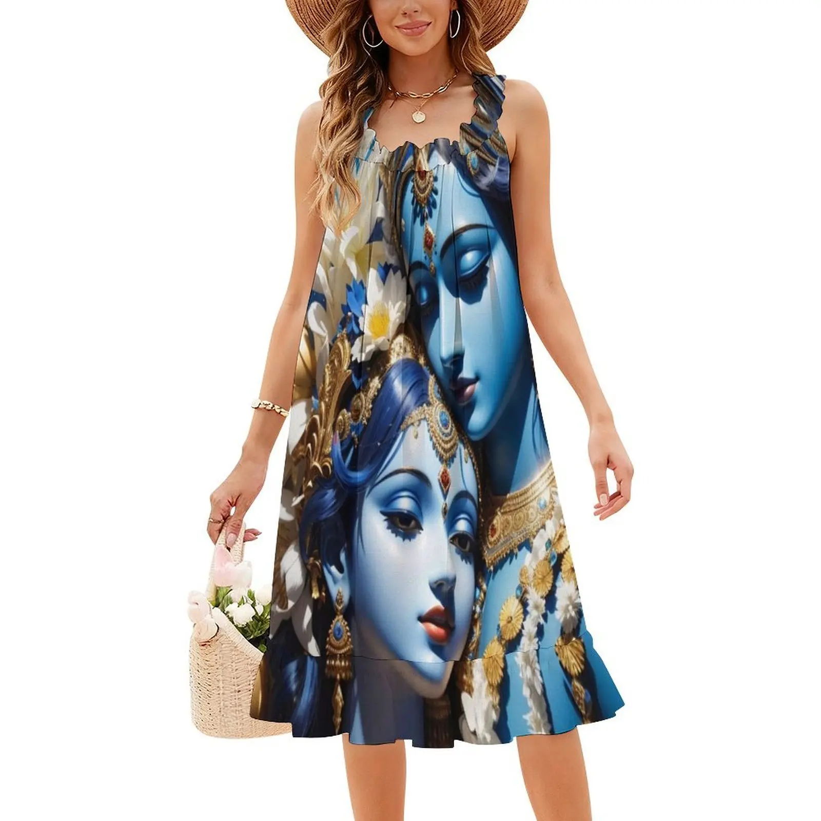فستان Radha Krishna بوهيمي بدون أكمام للنساء مطبوع فساتين حفلات الشاطئ Radha Krishna Divine Mother Godless فستان نسائي #4