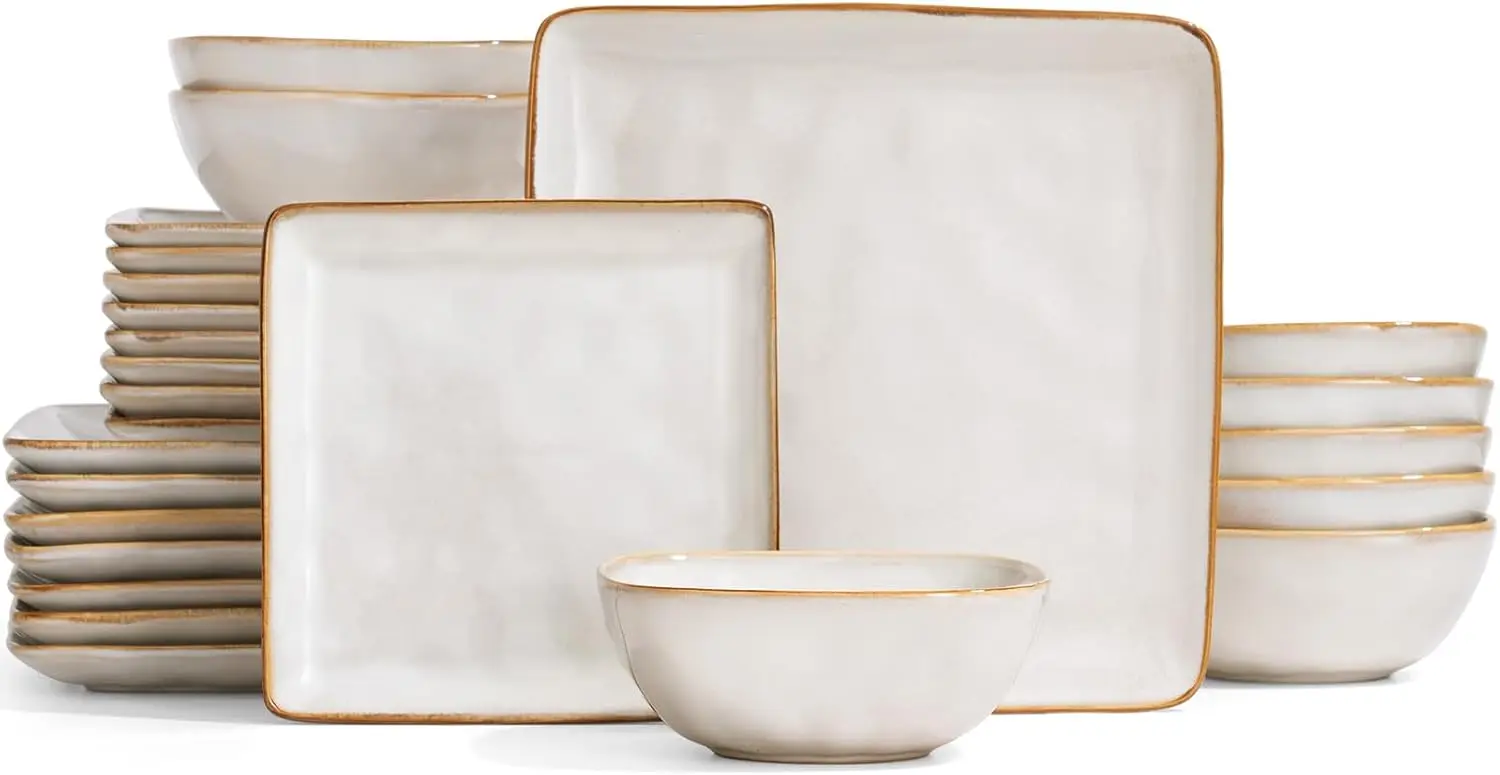 

Dinnerware Sets for 8, Ocean Square 24-Piece Kitchen Plates and Bowls Sets, Microwave and Dishwasher Safe, Scratch Resistant, Ca