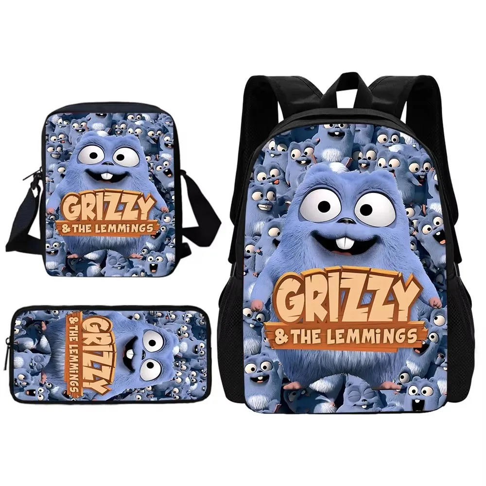 GRIZZY AND THE LEMMINGS Child School Backpack With Shoulder Bag Pencil Bags School Bags for Boys Girls Best Gift