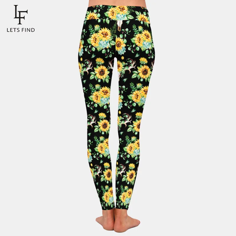 LETSFIND 220gsm doppio lato spazzolato morbido latte stampa seta pantaloni donna vita alta girasoli e corna Leggings modello