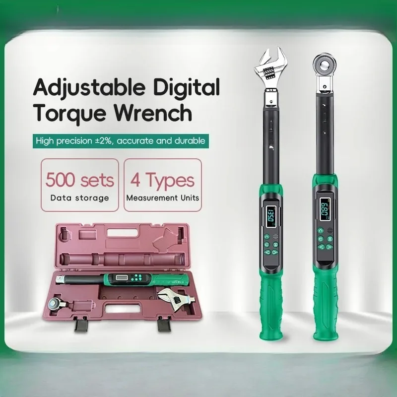 Digital Torque Wrench with Interchangeable Heads Precision Adjustable 5-99.6ft.lb(6.8-135Nm) Ratchet & Open-End Heads Profession