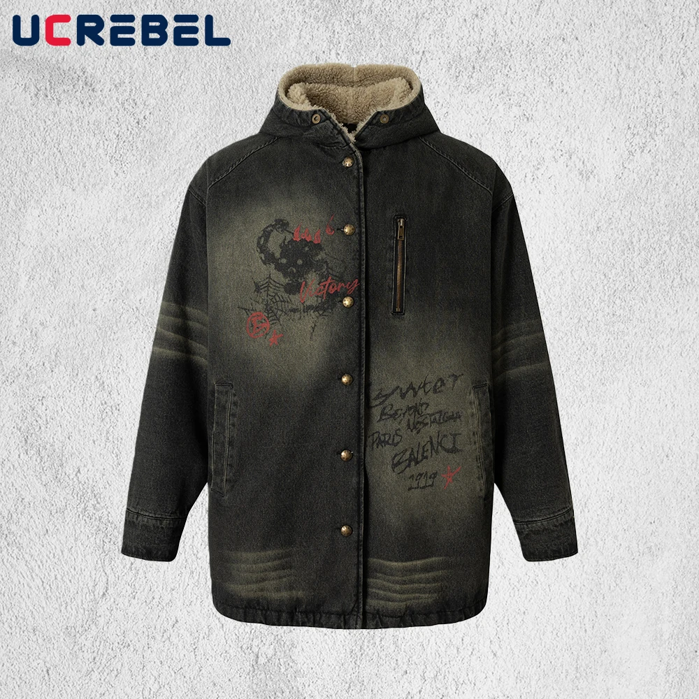 

Graffiti Print Sherpa Denim Parkas Mens Winter Retro High Street Washed Distressed Long Sleeve Hooded Thick Quilted Jacket Man