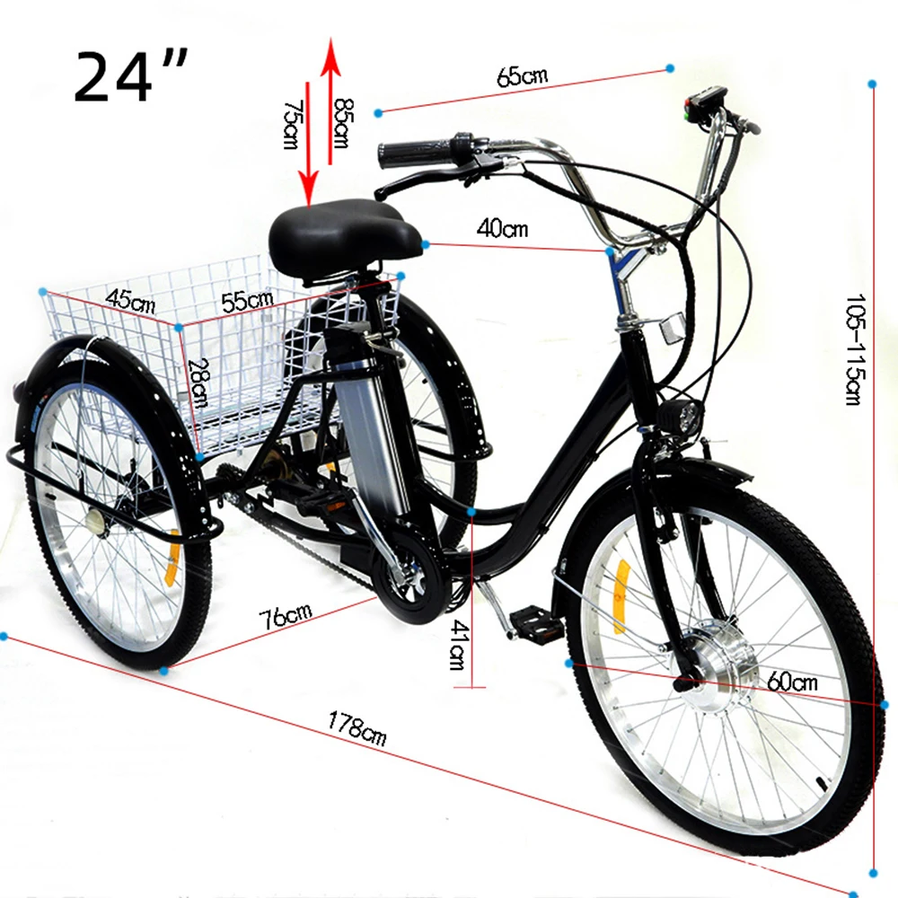 Three Wheel Electric Bike 36V 350W 24 Inch ElectricTricycle Bicycle For Women Ladies With Removable Battery Rear Basket Black