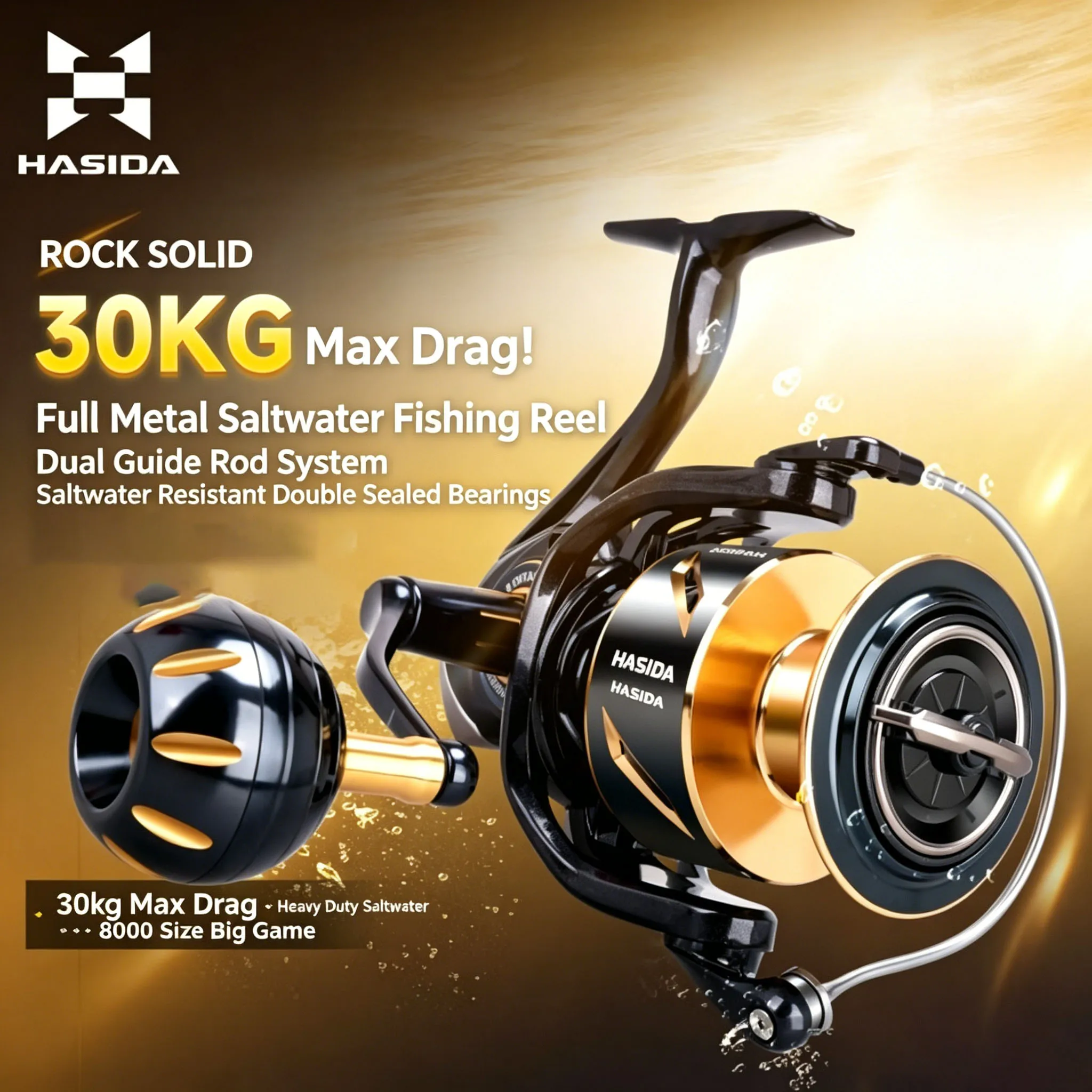 

HASIDA Rock Solid Spinning Reel 8000 Full Metal 30kg Max Drag Heavy Duty Saltwater Big Game Fishing Reel