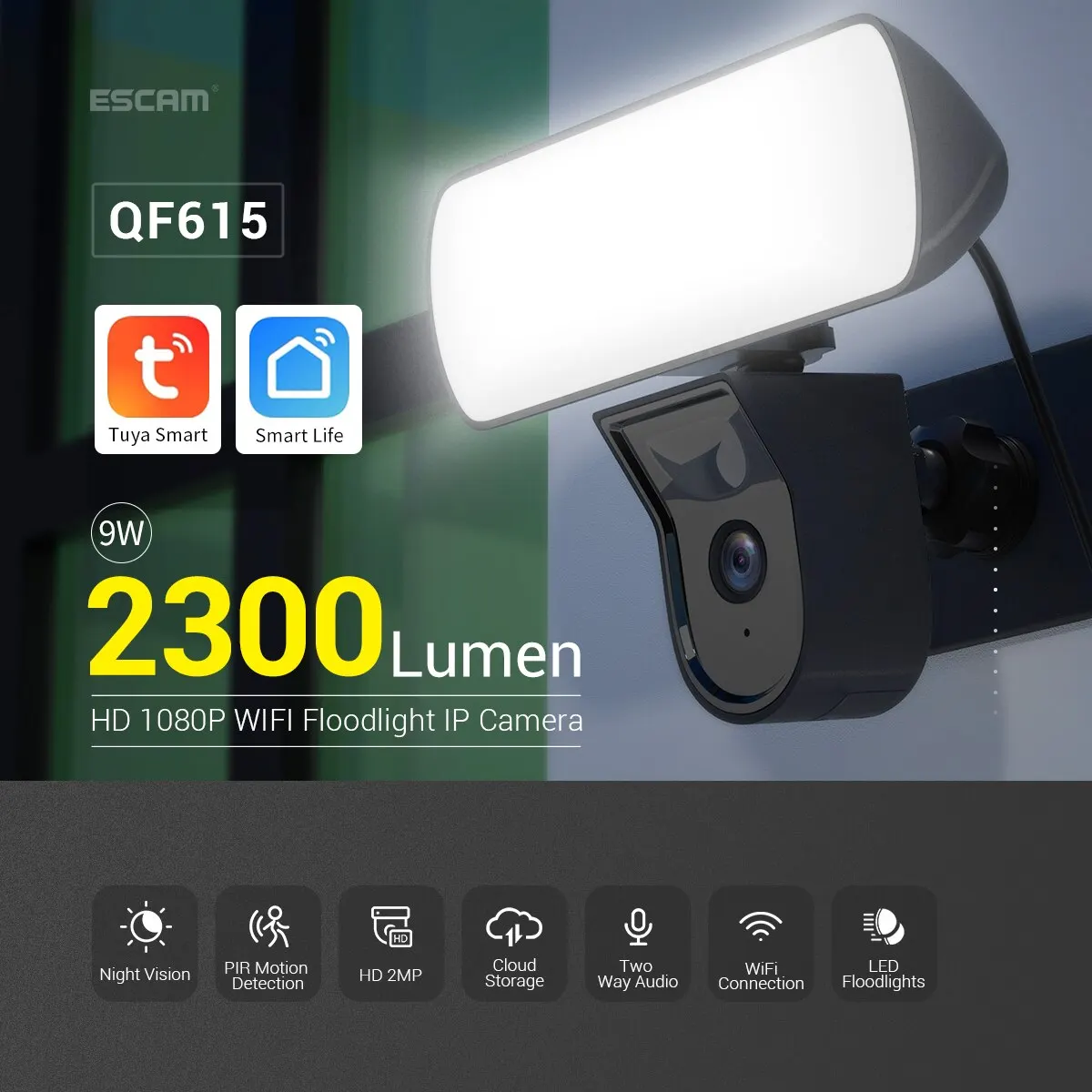 Tuya App Wifi Ip Camera Met 2300Lumen Schijnwerper 2mp 1080P Dubbele Lichtbron Nachtzicht Pir Bewegingsdetectie Beveiligingsmonitor