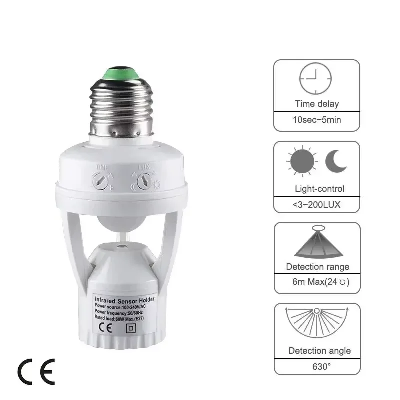 

Переходник для цоколя E27 AC100-240V с датчиком движения PIR, интеллектуальный выключатель для светодиодных ламп E27, держатель для лампочек