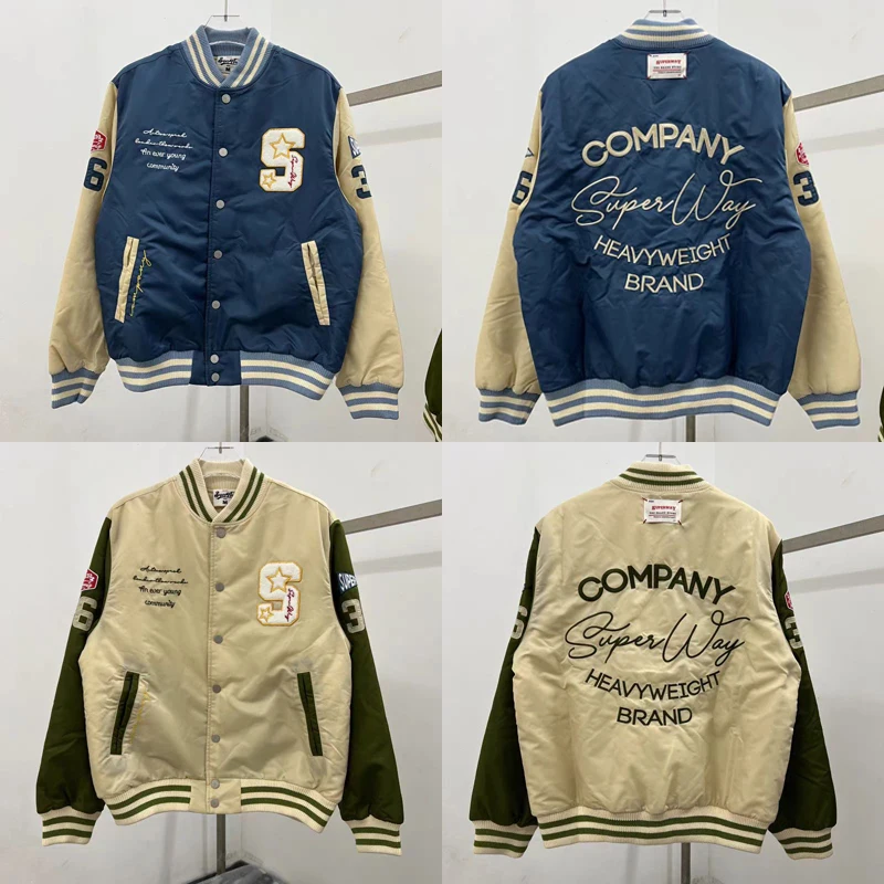 

Stock Vintage Embroidery Letter Baseball Uniform Color Contrast Couple Fallow Loose Stand Collar Jacket Super Way Warm Overcoat