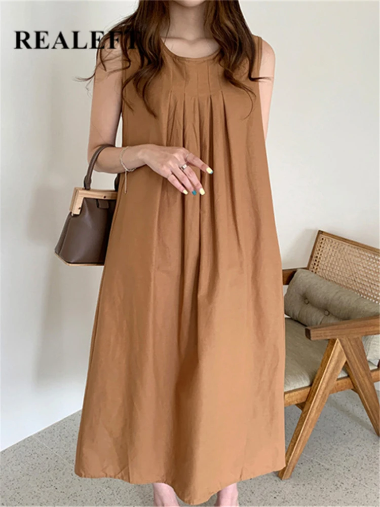 REALEFT Summer Bohemian Cotton Linen Women's Dresses Sleeveless High Waist New 2023 O-Neck Casual Loose Tank Dresses Female